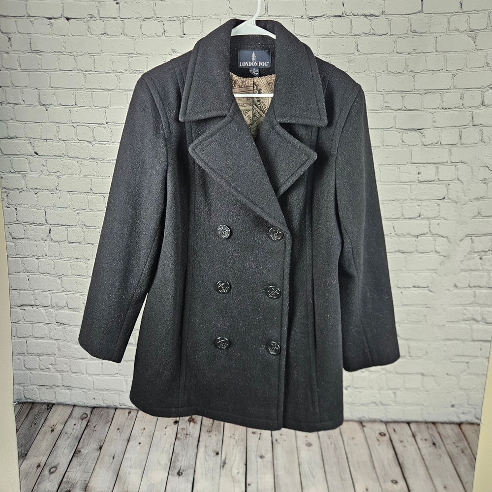 London Fog Womens Black 100% Wool Double Breasted Pea Coat Map Lining Size 12